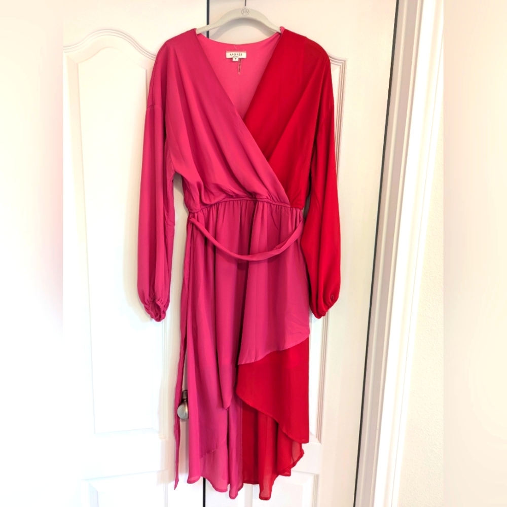 Andree color block high low dress, pink and red. Size M